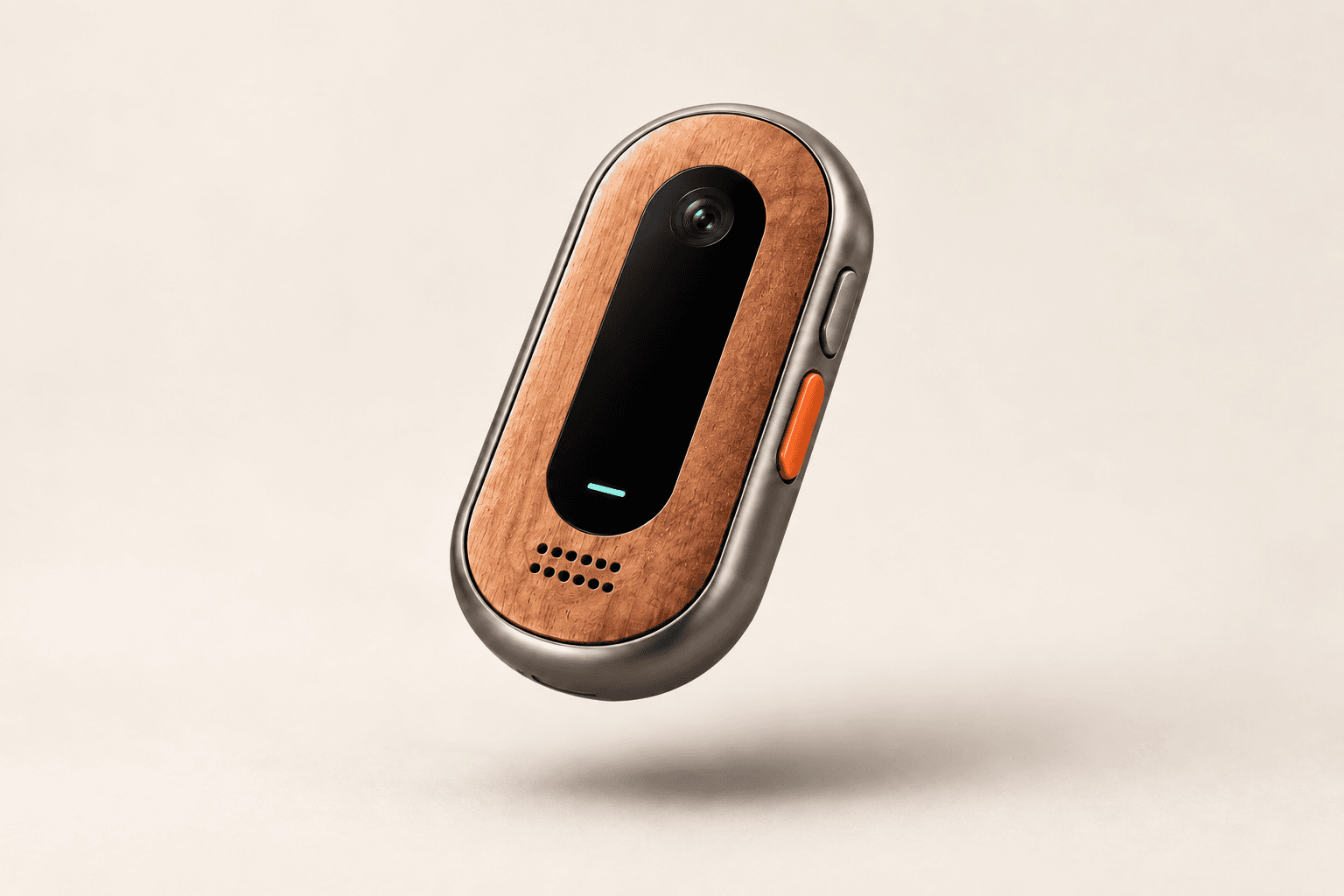 Close-up of Oak1’s camera lens, black glass surround, warm wood grain, and curved metal edge
