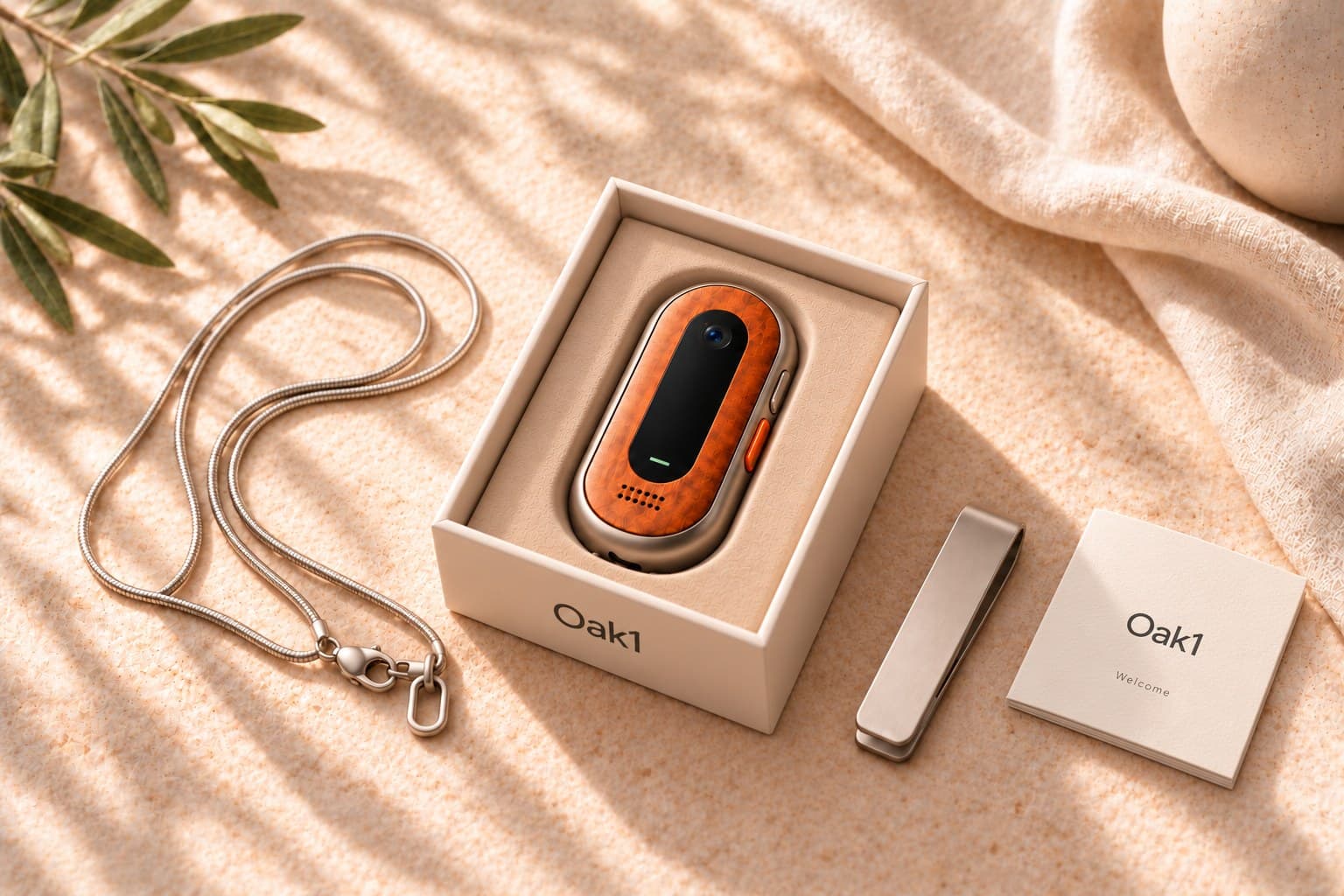 Oak1 in its open box, with a silver snake chain, a slim metal clip and an Oak1 welcome card beside it