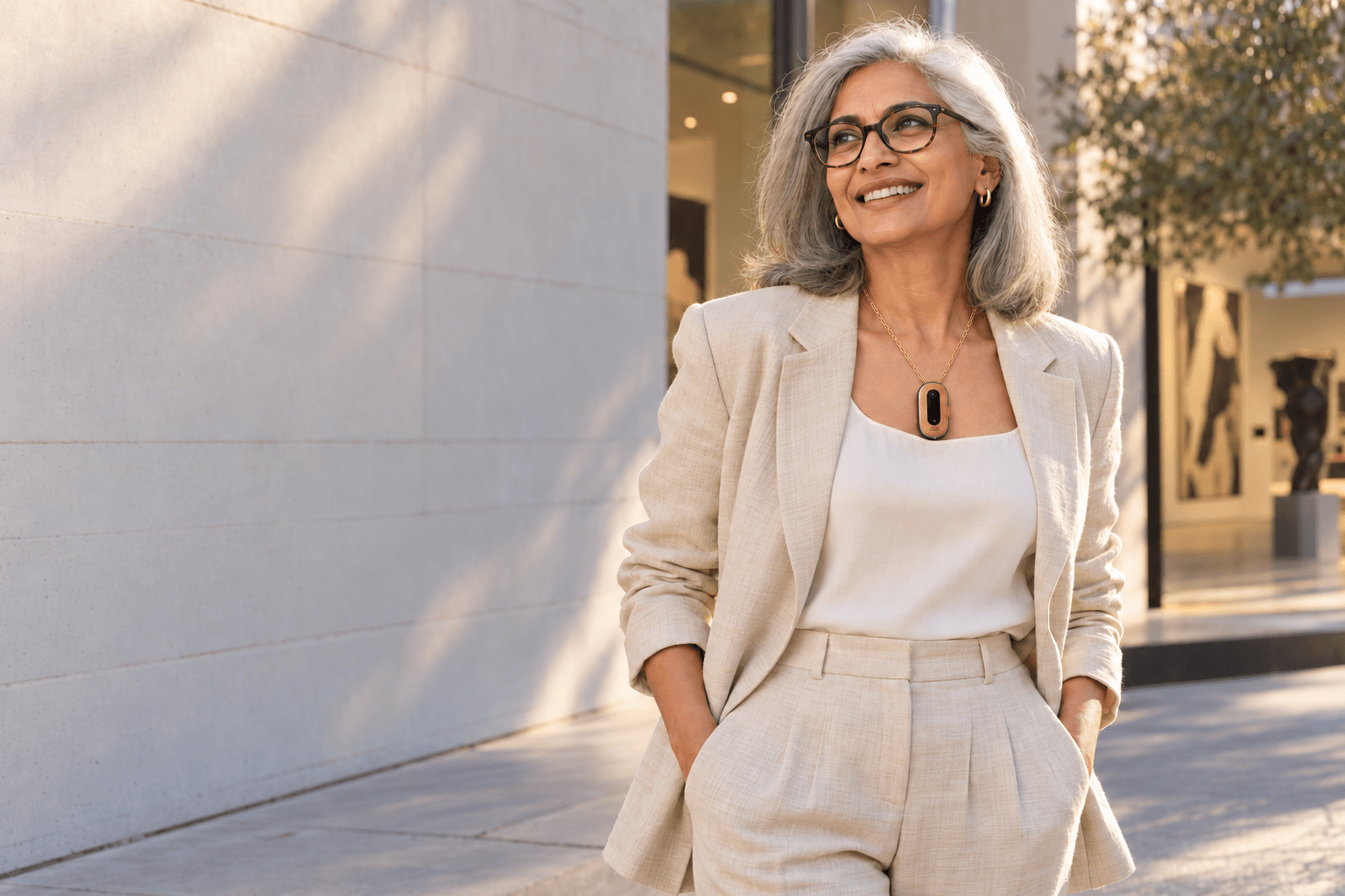 Stylish older woman wearing Oak1 as a pendant outside a contemporary gallery