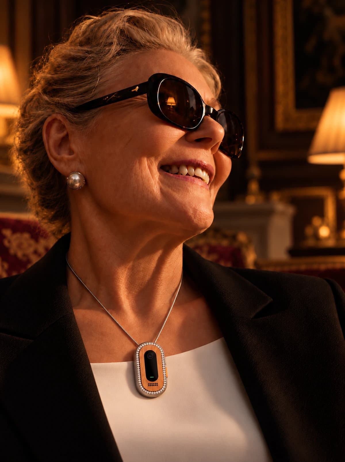 Oak1 Atelier worn as a pendant on a fine silver-toned chain with an ivory blouse and black jacket